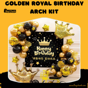 Elegant gold and black royal birthday balloon arch kit with crown and stars