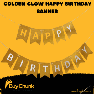 Golden glitter Happy Birthday Banner hanging on wall for party decoration.