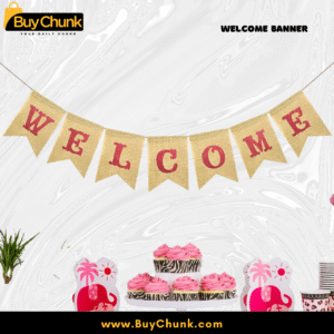 glitter red letters welcome banner hanging on wall for party décor