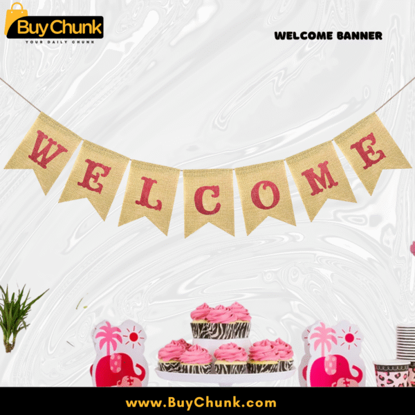 glitter red letters welcome banner hanging on wall for party décor
