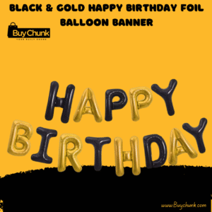 Black and gold happy birthday foil balloons on yellow background.