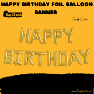 gold foil birthday banner spelling “Happy Birthday” on festive backdrop