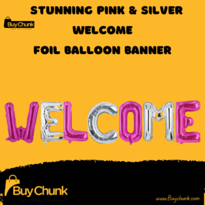 Pink and silver Welcome foil balloons displayed for party décor.