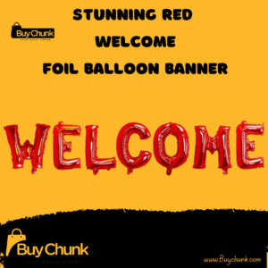 Red foil welcome balloon banner for party decorations.