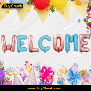 Shiny rose gold and blue welcome letter balloons perfect for celebrations.