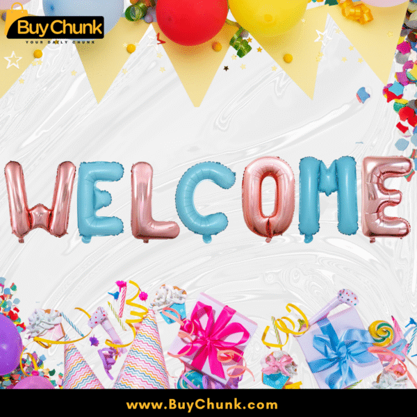 Shiny rose gold and blue welcome letter balloons perfect for celebrations.