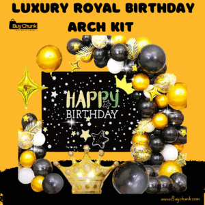 Elegant black and gold happy birthday arch with royal theme décor.