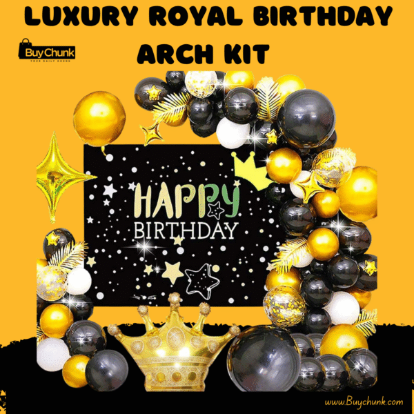 Elegant black and gold happy birthday arch with royal theme décor.