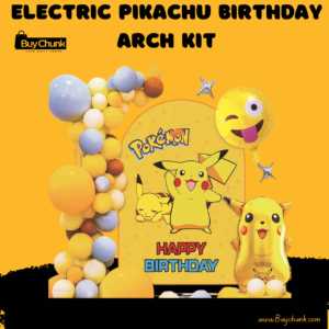 Electric Pikachu birthday arch with colourful balloons and themed backdrop.