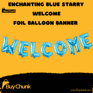 Blue starry welcome foil balloon banner hanging on yellow background.