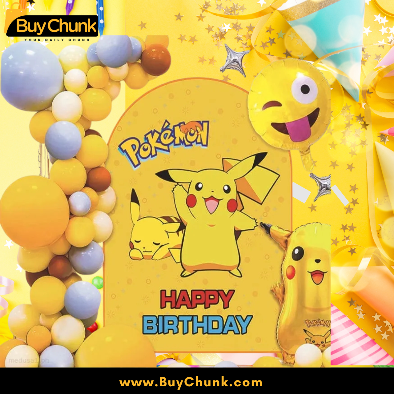 60 Piece Adorable Pikachu Birthday Party Theme Decoration | Fun & Colorful Pokémon Party Arch Kit in Pakistan 2 Yellow and blue balloons for Pikachu birthday party decoration setup.