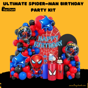 Spider-Man birthday decoration kit with balloons and backdrop setup.