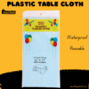 Sky blue plastic table cover showing 54x72 inch size for parties