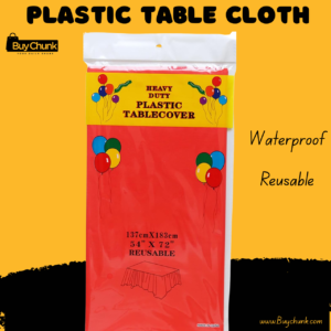 bright red waterproof reusable plastic tablecloth displayed on a table