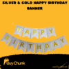 Silver and gold glitter Happy Birthday banner for party décor.
