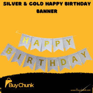 Silver and gold glitter Happy Birthday banner for party décor.