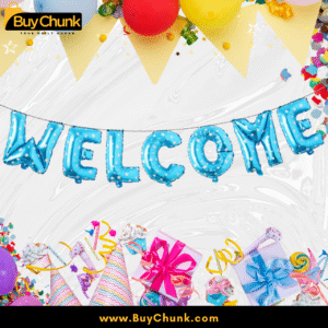 Welcome foil balloons with stars at a festive party setup.