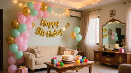 Budget birthday theme decoration Karachi under 5000 with balloons and backdrop