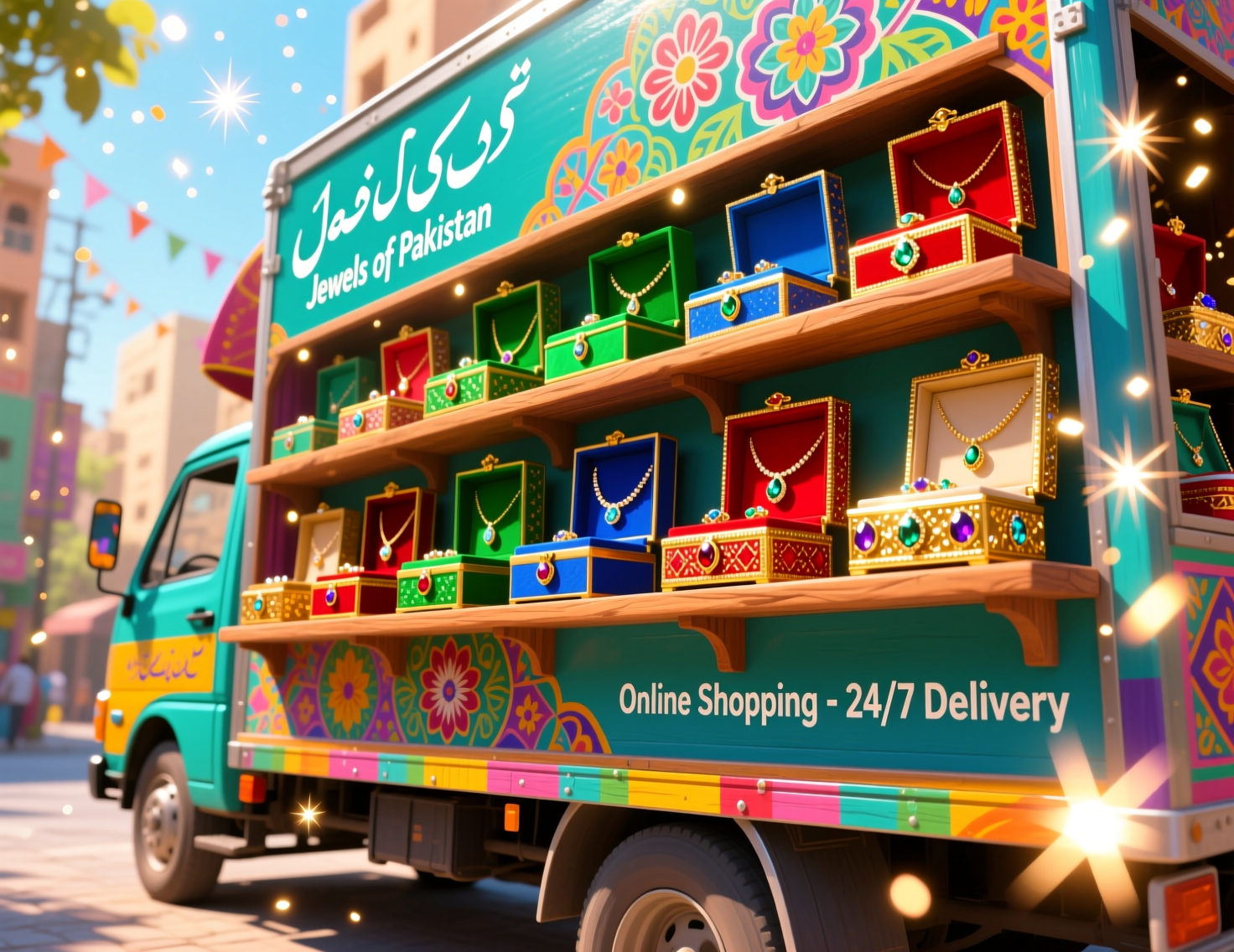 Traditional Truck Art Jewelry Boxes Lahore Colorful Gifts & Décor in Pakistan 5 “Pakistani woman ordering traditional truck art jewelry box Lahore online on mobile”