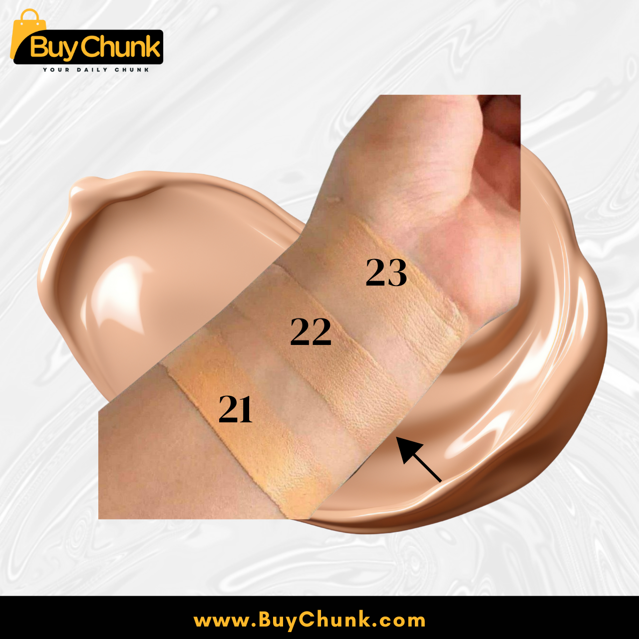 Doucce Mineral Foundation SPF 22 – Shade 22 | USA Made Foundation with Built-in Concealer 2 Three Doucce foundation shades tested on skin arm for tone comparison.