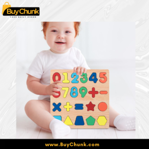 child playing with wooden numbers and shapes puzzle board