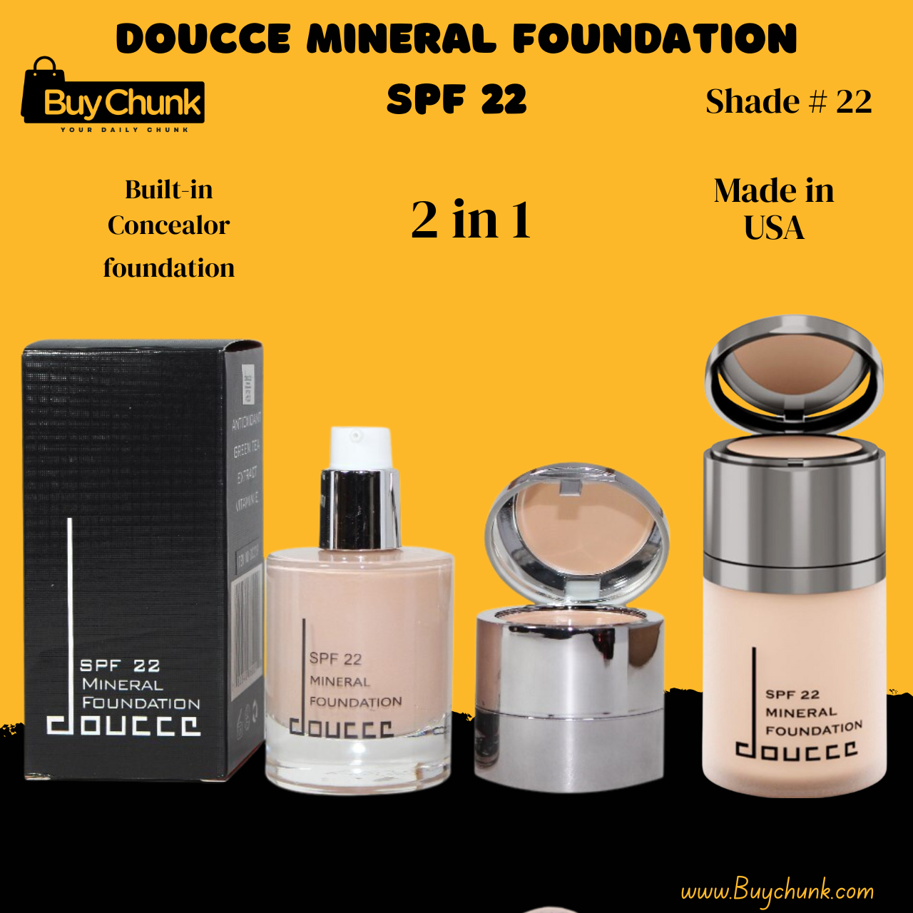 Doucce Mineral Foundation SPF 22 – Shade 22 | USA Made Foundation with Built-in Concealer 1 Doucce Mineral Foundation SPF 22 – Shade 22 with built-in concealer bottle.