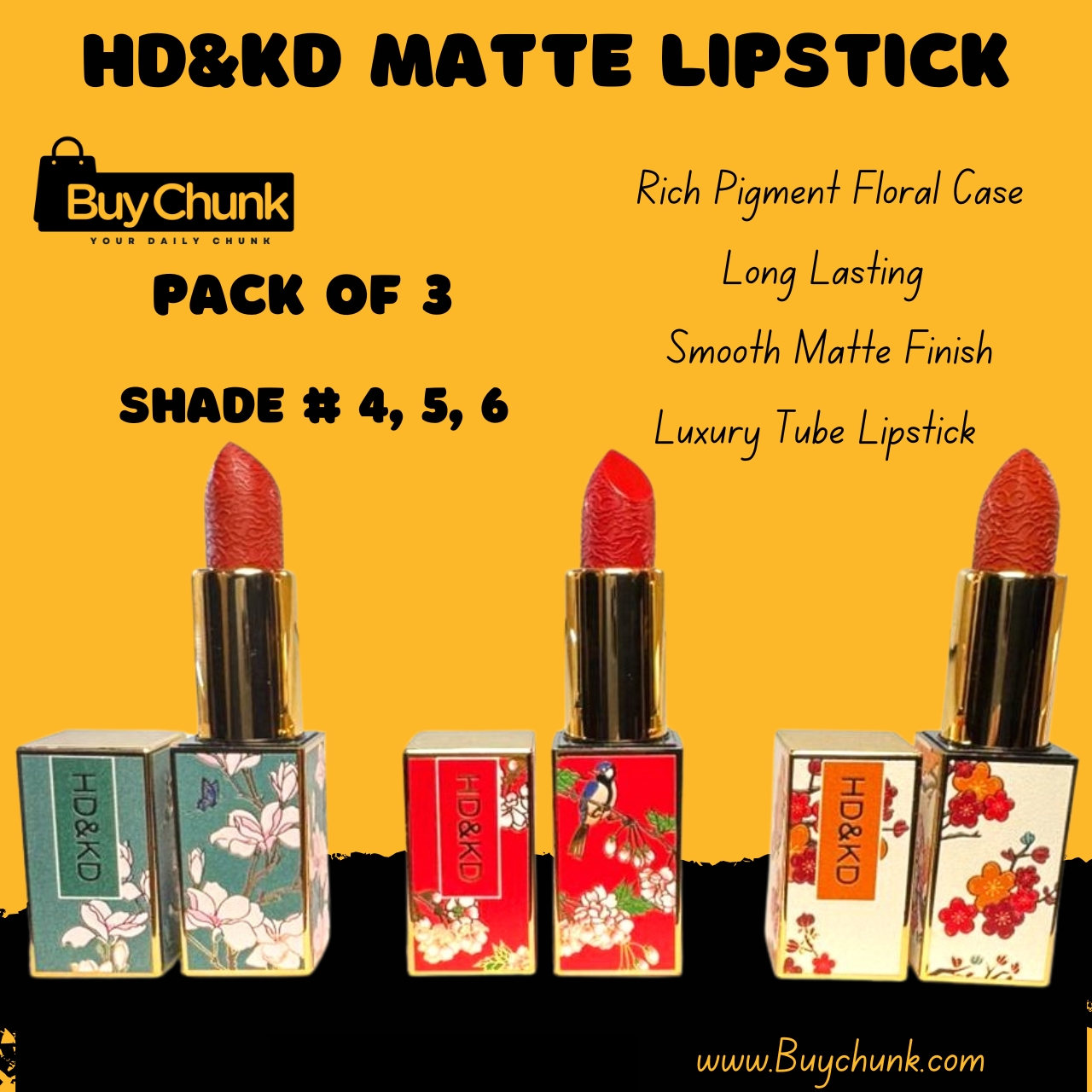 HD&KD Matte Lipstick Pack of 3 Shades 4, 5, 6 | Smooth Matte Finish | High Pigmented | Floral Case Lipstick 1 three matte lipsticks shades 4, 5, 6 arranged on white background