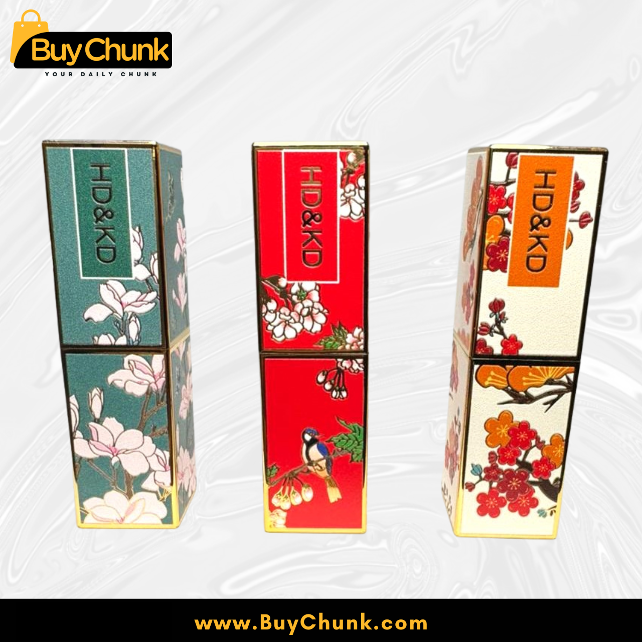 HD&KD Matte Lipstick Pack of 3 Shades 4, 5, 6 | Smooth Matte Finish | High Pigmented | Floral Case Lipstick 3 model applying HD&KD matte lipstick shade 5