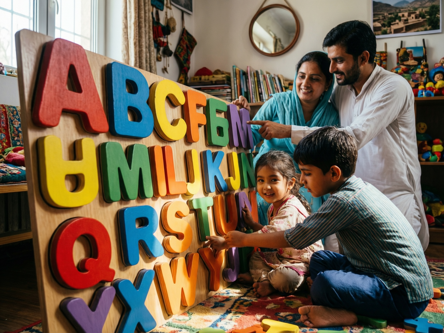 “Toddler using alphabet puzzle during Islamabad family game night”