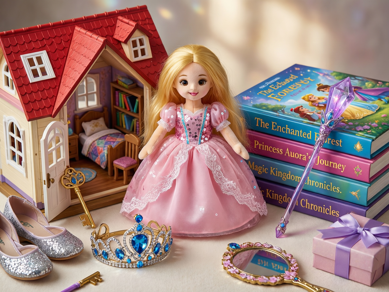 “Flatlay of Princess Toys Collection Karachi Girls including doll, squishies and puzzles”