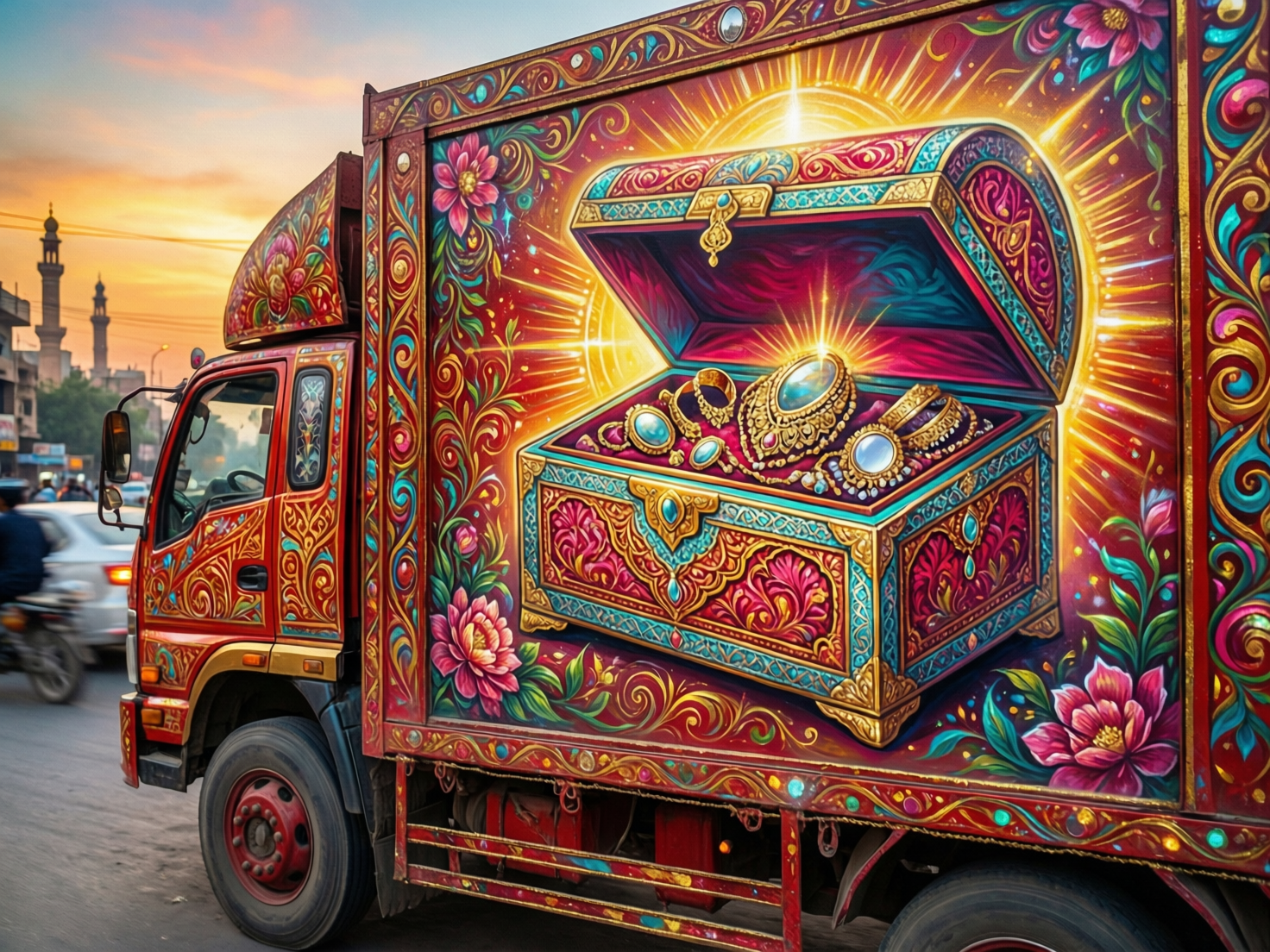 “truck art traditional Pakistani jewelry boxes Lahore colourful design for students”