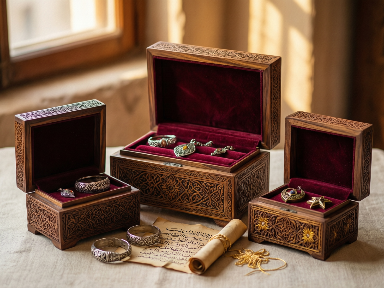 “Different handcrafted wooden boxes in Multan Pakistan for jewelry and Quran storage”