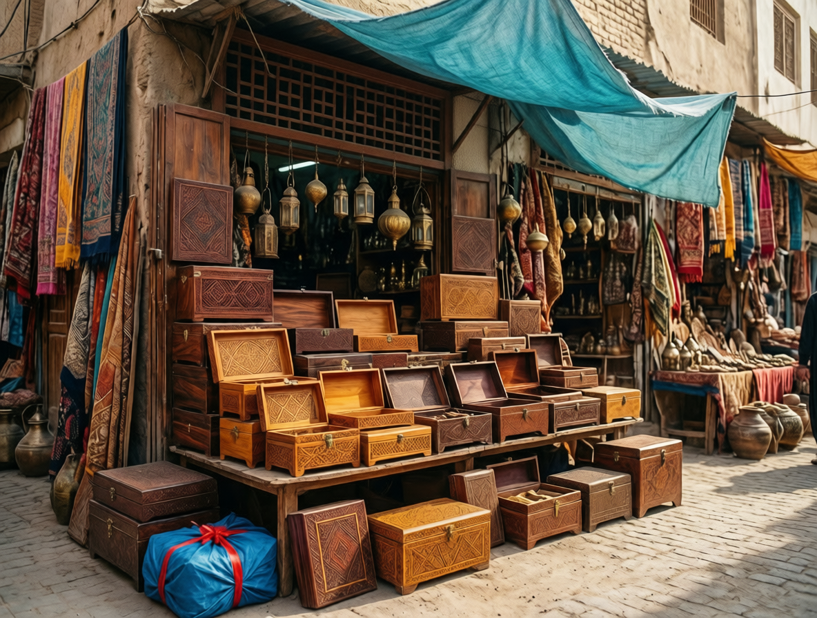 “Multan handicraft market shop displaying wooden boxes and decor items”