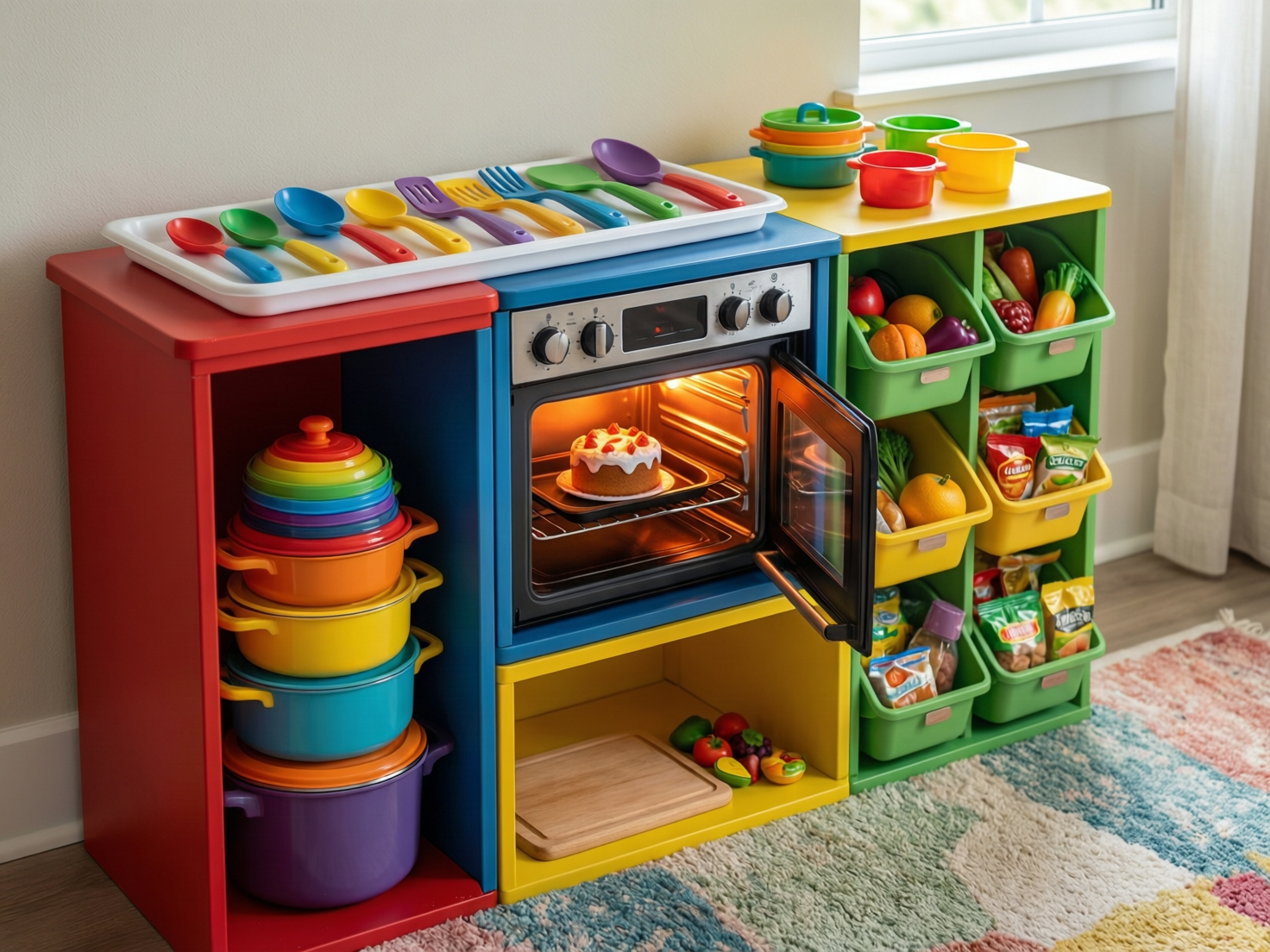 Organized pretend play kitchen toys in Multan home stored in baskets