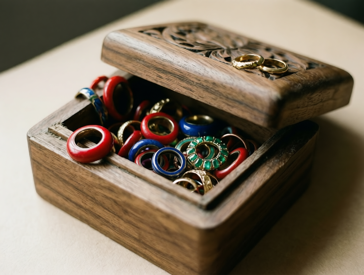 Ring storage slots inside a wooden jewelry box