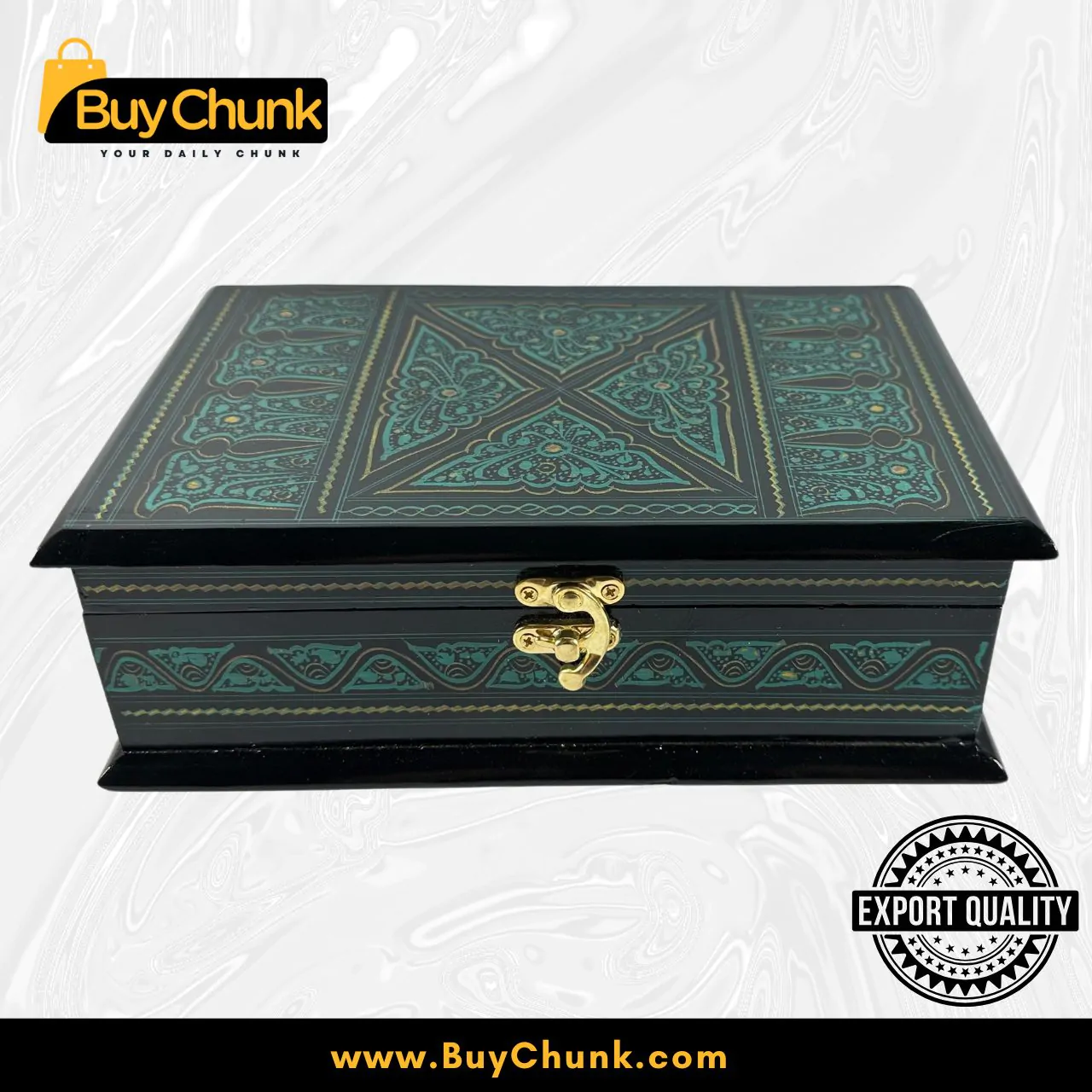 Dazzling Rose Wood Handmade Lacquer Art Jewelry Box Emerald Wavy Panel | Size 9″x 6” | Captivating Green Trinket Storage | Opulent Cultural Art Decor