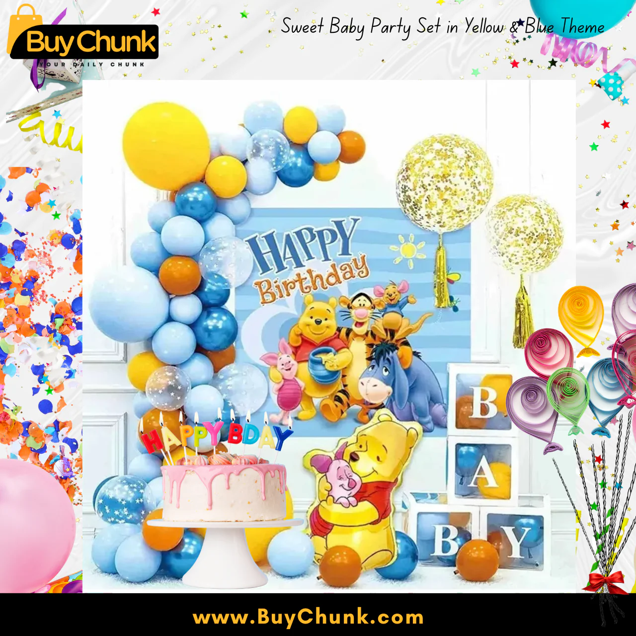 61 Piece Adorable Winnie the Pooh Theme Birthday Decoration | Cute, Colorful & Heartwarming Celebration Set