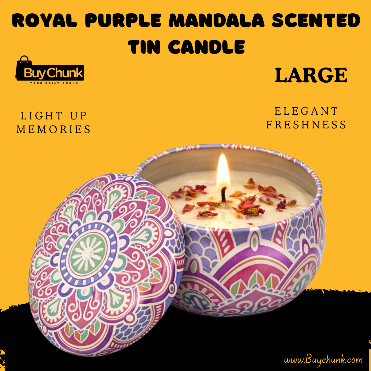 Royal Purple Mandala Scented Tin Candle Large Luxury Premium Fragrance | Long Lasting Scent | Elegant Decorative Candle 1 Royal purple mandala candle tin with floral aroma for home décor.