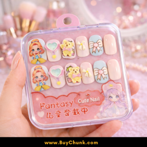 little girl applying press-on nails with easy adhesive