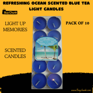 Home 123 Blue tea light candles with ocean fragrance arranged elegantly.