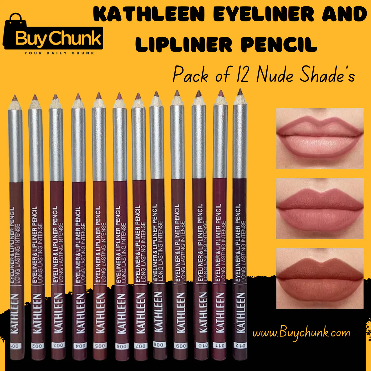 Long-Lasting KATHLEEN Eyeliner and Lip-liner Pencil Nude Shade| Dual-Purpose Beauty Essential | Pack of 12