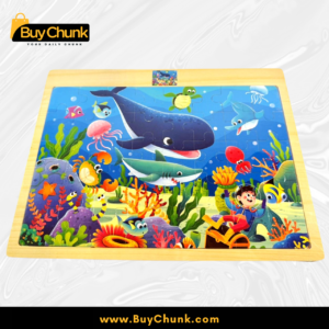 close-up of colourful sea animals wooden puzzle pieces