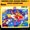 child assembling colourful space-themed wooden jigsaw puzzle