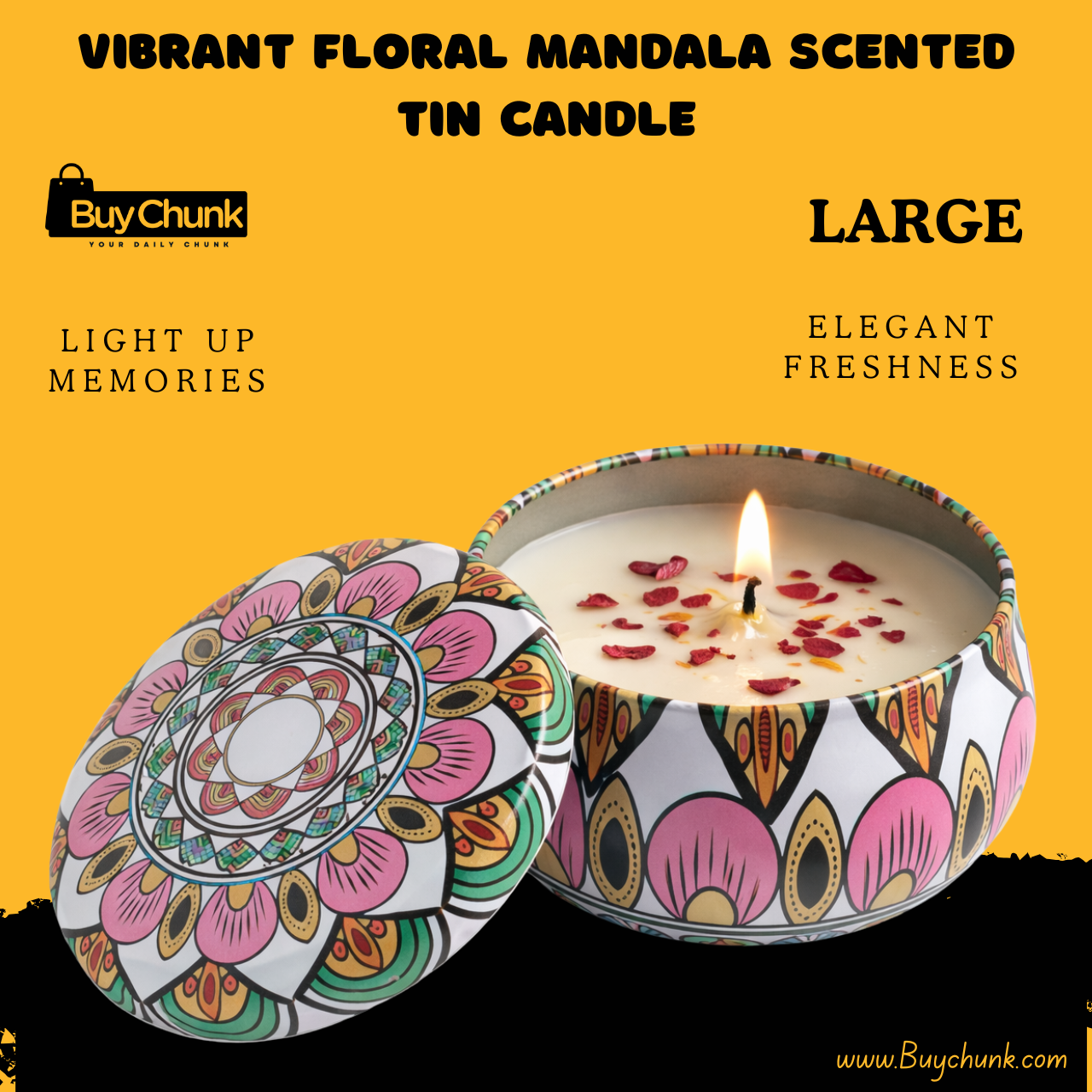 Vibrant Floral Mandala Scented Tin Candle Large Luxury Premium Fragrance | Long Lasting Scent | Elegant Decorative Candle 1 Elegant floral mandala tin candle with soft glowing light.