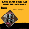 Elegant heart design press-on nails in black, silver, and baby blue.