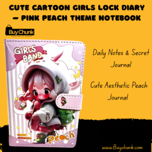 Front cover of pink peach theme girls’ lock diary with cartoon design