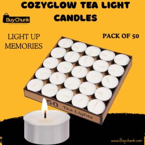 CozyGlow 50-pack tea light candles for home décor and events.