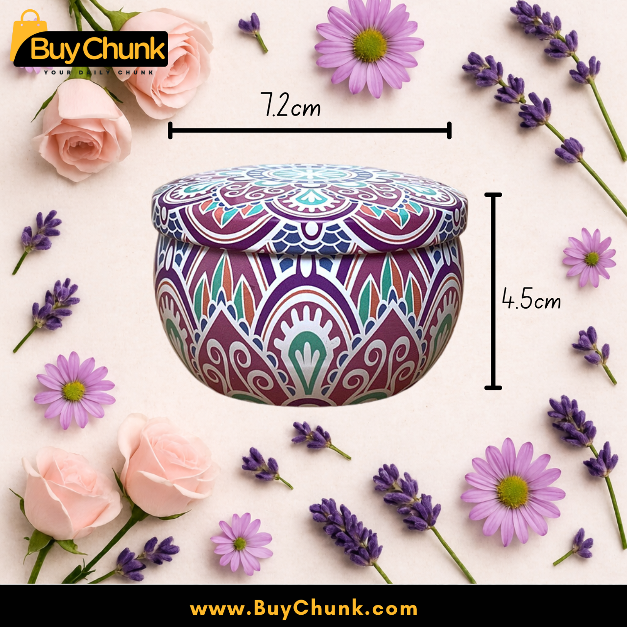 Royal Purple Mandala Scented Tin Candle Large Luxury Premium Fragrance | Long Lasting Scent | Elegant Decorative Candle 2 Elegant mandala design purple tin candle burning softly.