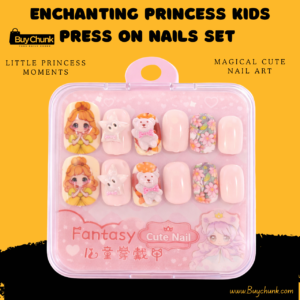Home 105 colourful princess-themed kids press-on nails neatly arranged in a set box