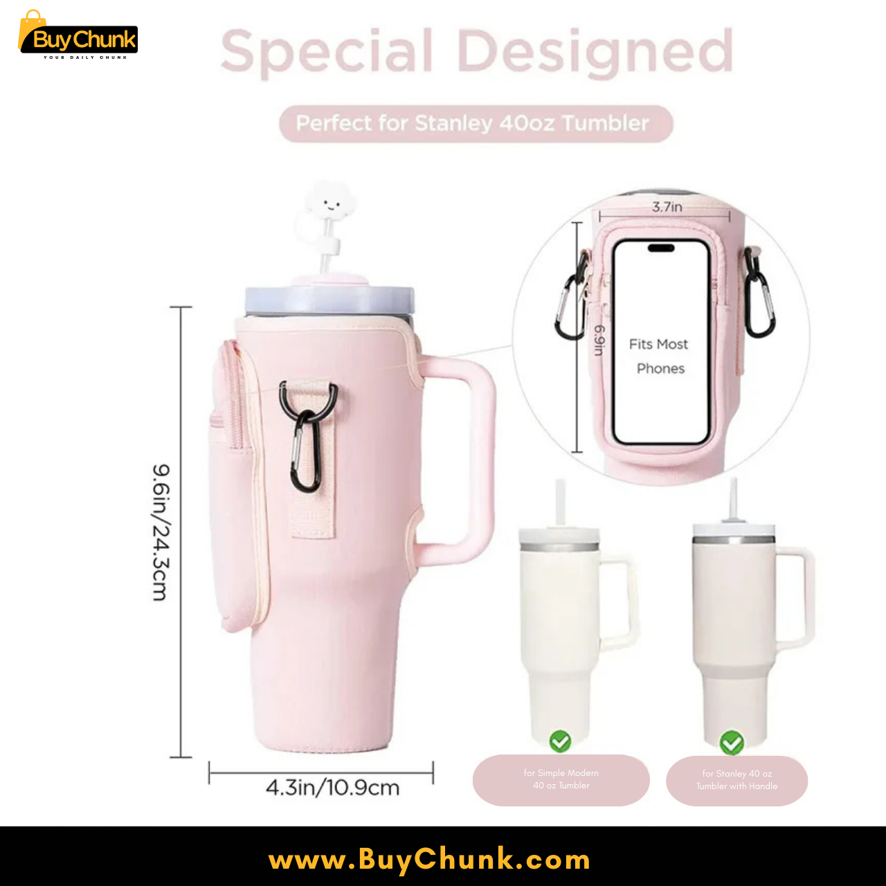 Premium Blush Pink Sling Tumbler Bag | Cup Holder Crossbody with Phone Pocket | Crossbody Cup Holder with Adjustable Strap 2 Side profile showing adjustable strap and sleek design